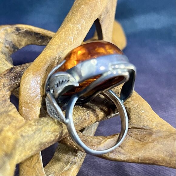 Vintage Large 925 Sterling Silver & Amber Ring Size 7.25 - Picture 3 of 12